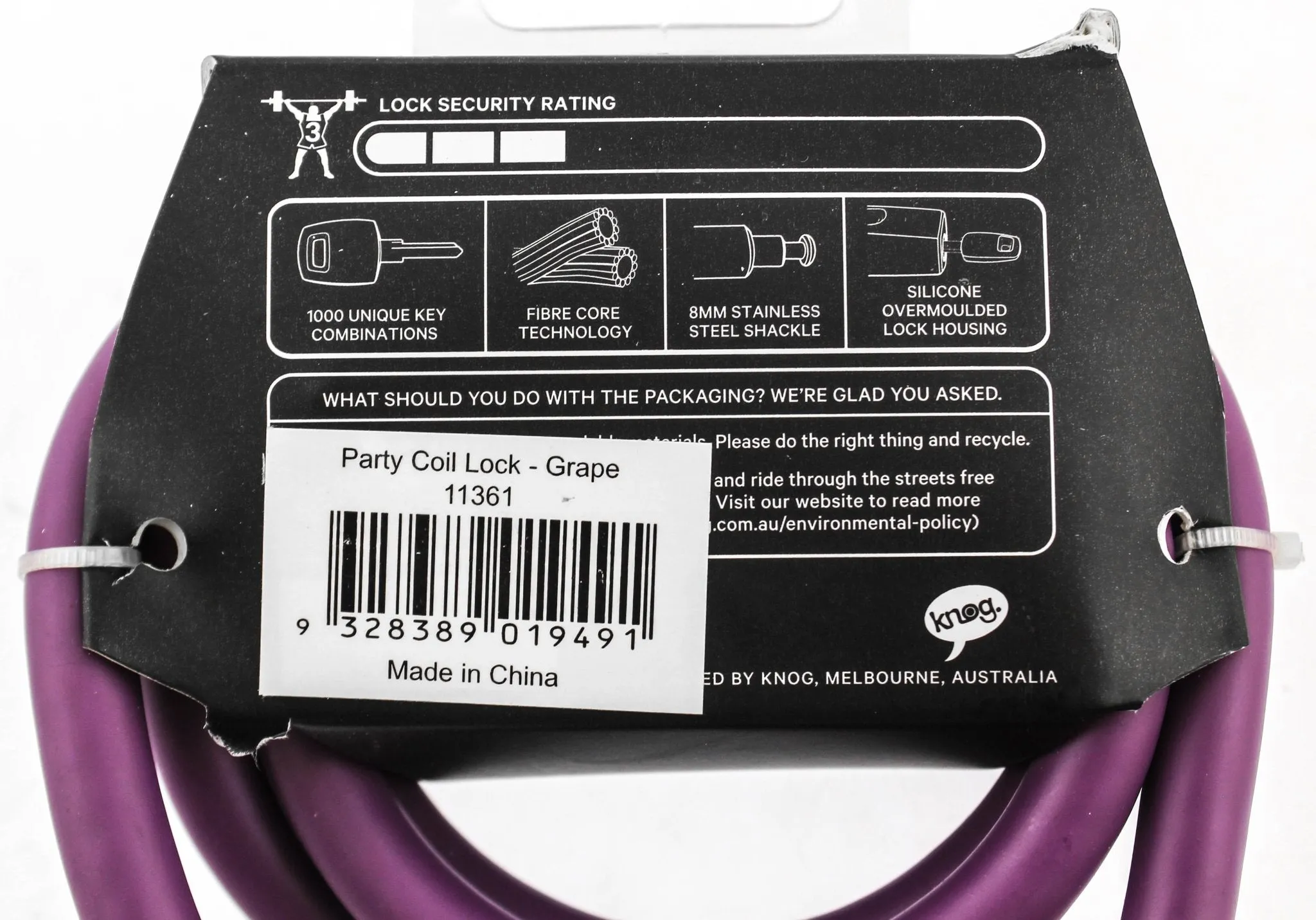 Knog Party Coil 1300mm Coiled Cable Bike Lock Braided Steel Grape Purple NEW