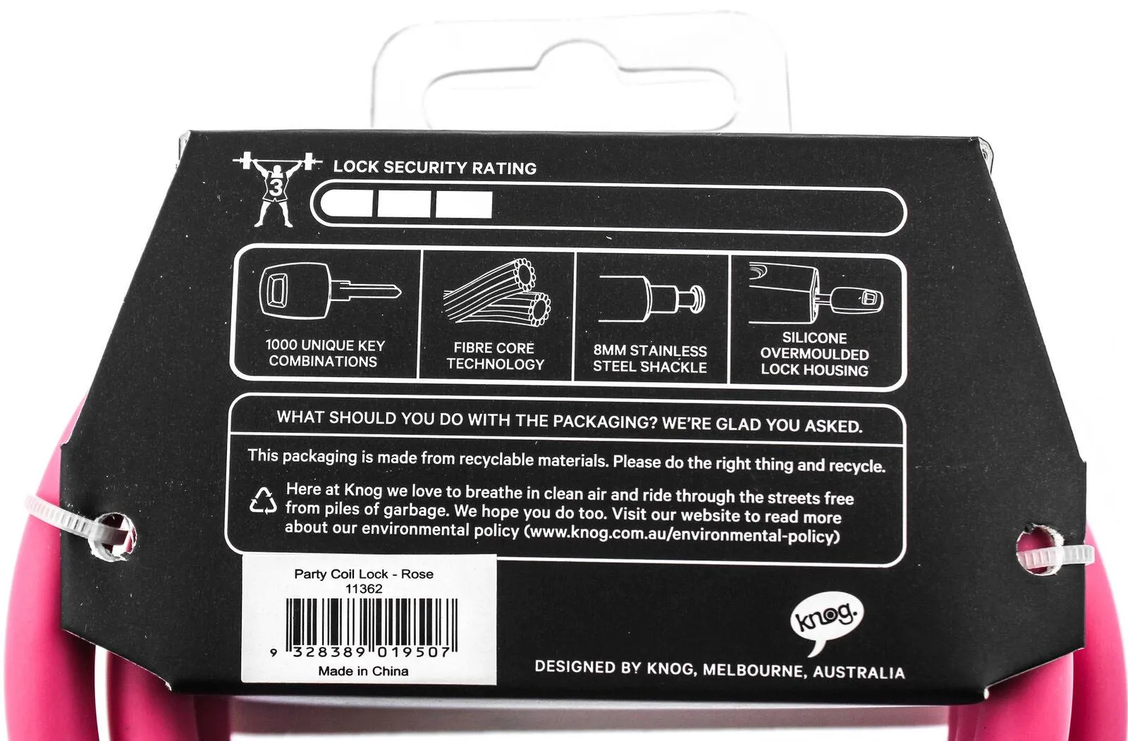 Knog Party Coil 1300mm Coiled Cable Bike Lock Braided Steel Rose Pink NEW